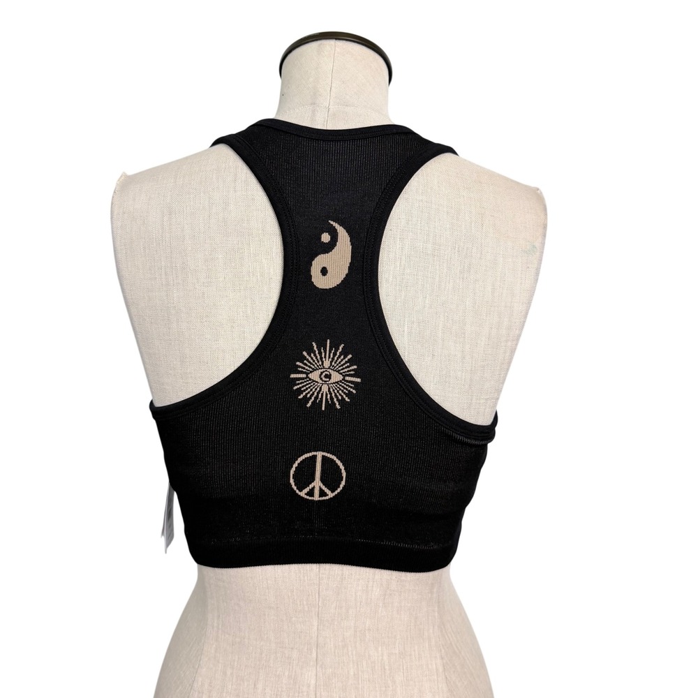 Spiritual Gangster Icon Jacquard Crop Tank Black Seamless Ribbed Sport Bra XS/S